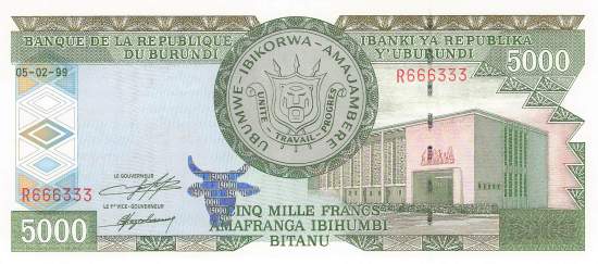 Burundi p42a 5000 Francs 1999